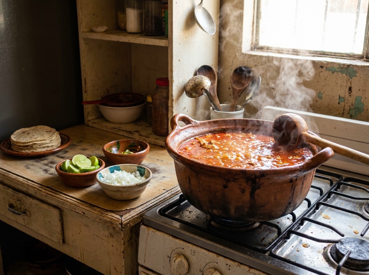 Olla de menudo con limón y cebolla al lado